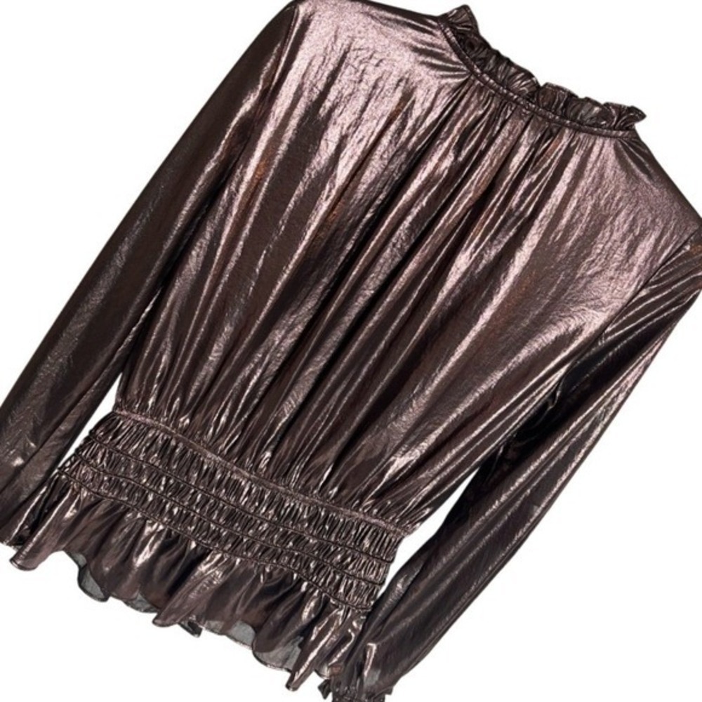 Anthropologie Current Air Metallic Peplum Blouse Rose Gold Long Sleeve Top M - Picture 5 of 8